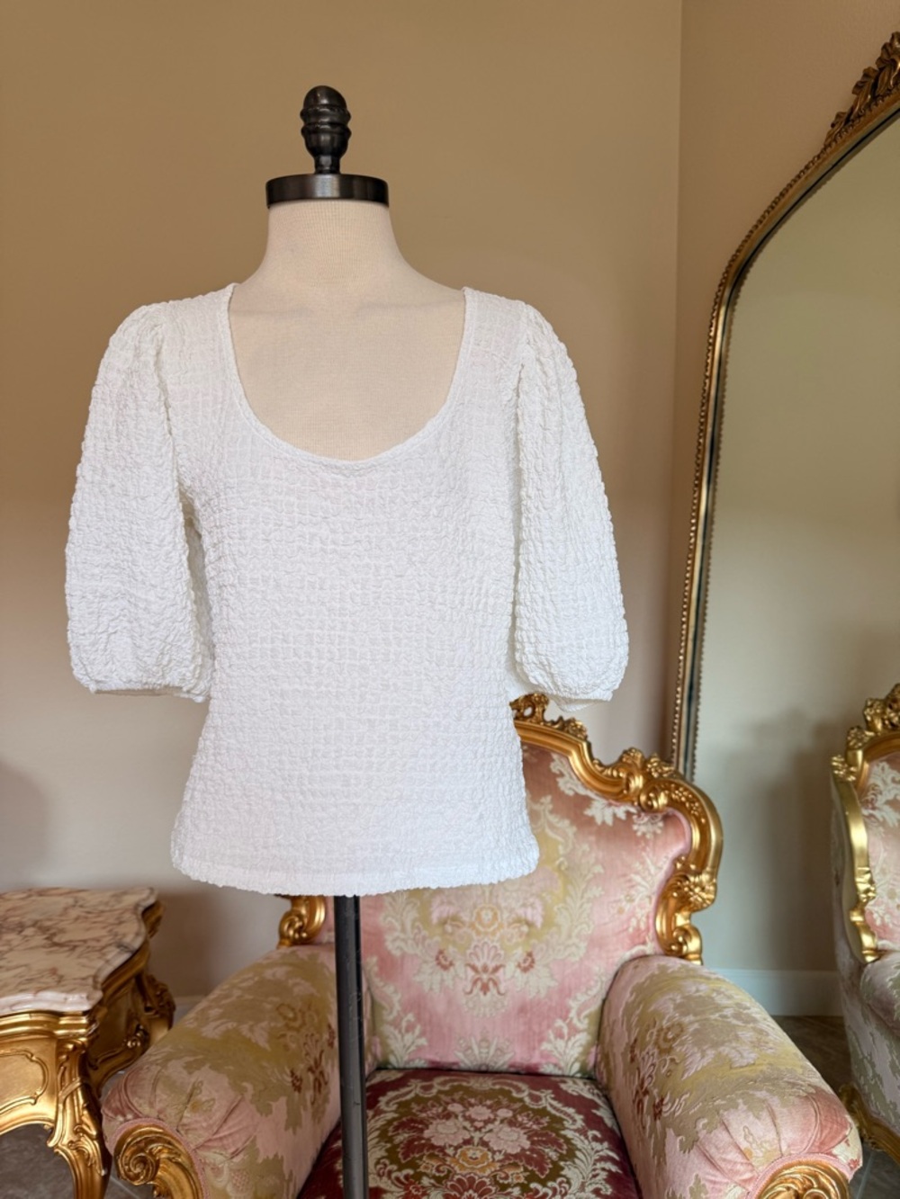 Anthropologie White Textured Scoop-Neck Puff Sleeve Top
